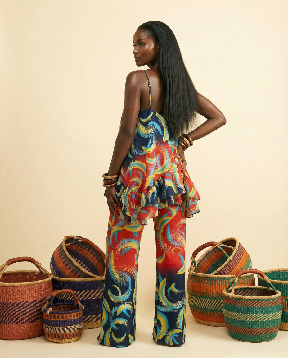 Opi Ankara Faux Silk Tiered Camisole & Wide-Leg Trouser Set