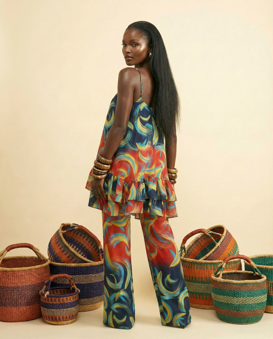 Opi Ankara Faux Silk Tiered Camisole & Wide-Leg Trouser Set