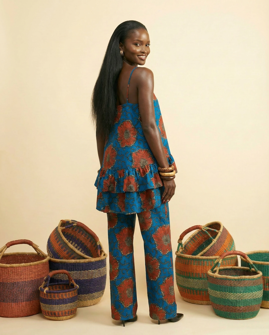 Osundu Ankara Faux Silk Tiered Camisole & Wide-Leg Trouser Set