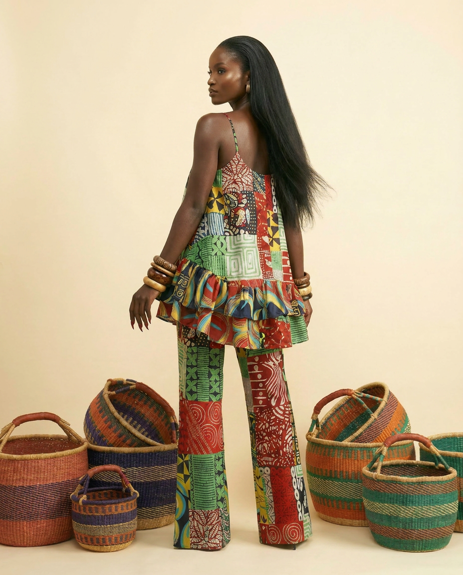 Nyanyi Ankara Faux Silk Tiered Camisole & Wide-Leg Trouser Set