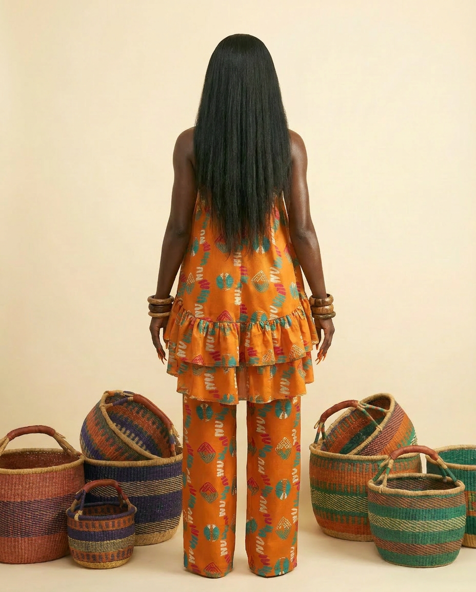 Imenne Ankara Faux Silk Tiered Camisole & Wide-Leg Trouser Set