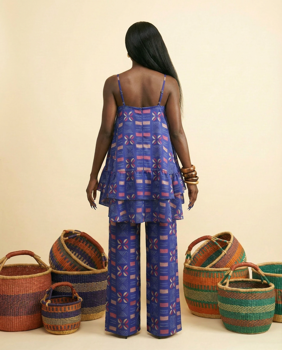 Ikuchi Ankara Faux Silk Tiered Camisole & Wide-Leg Trouser Set