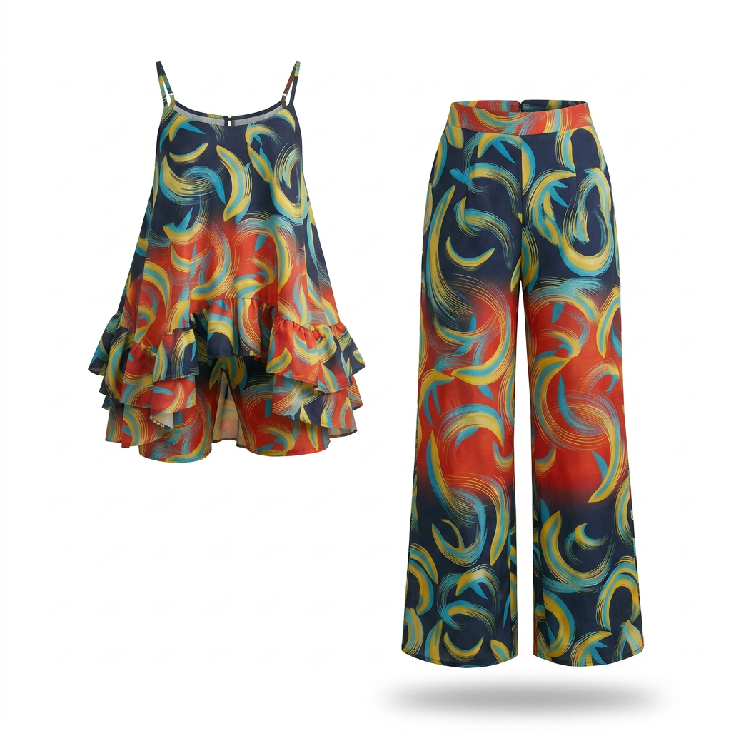 Opi Ankara Faux Silk Tiered Camisole & Wide-Leg Trouser Set