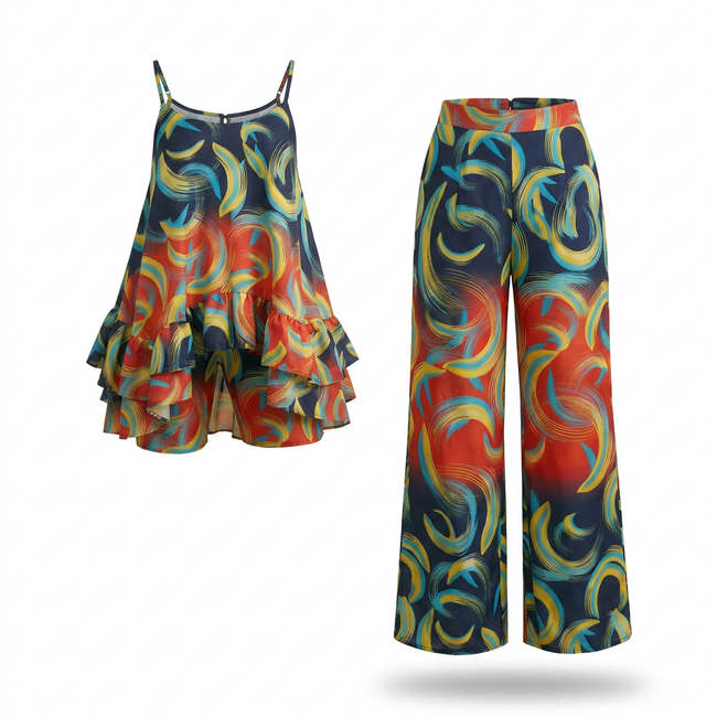 Opi Ankara Faux Silk Tiered Camisole & Wide-Leg Trouser Set Hover Image