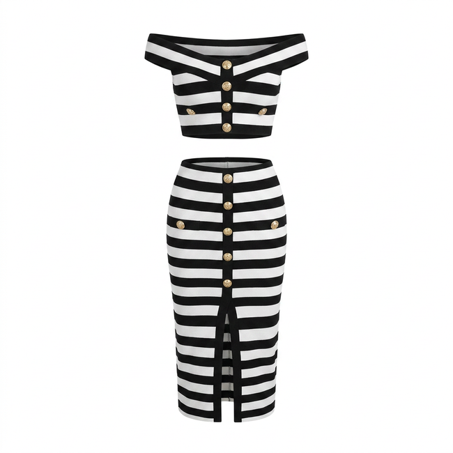 Confident Striped Button Two-Piece Set Hover Image