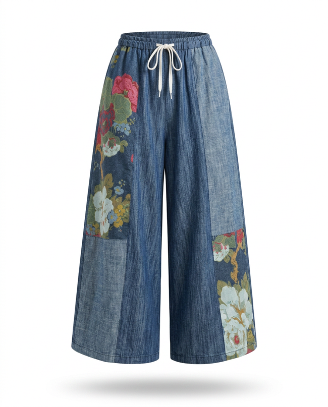 Wild Heart Denim Floral Patchwork Trousers Hover Image