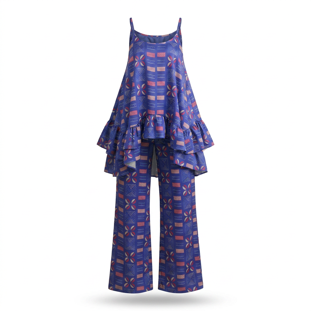 Ikuchi Ankara Faux Silk Tiered Camisole & Wide-Leg Trouser Set