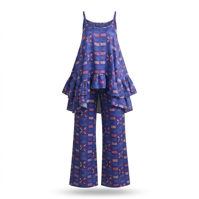 Ikuchi Ankara Faux Silk Tiered Camisole & Wide-Leg Trouser Set Hover Image