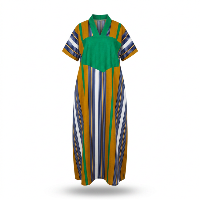 Oliaku Striped Bubu Dress with Aso Oke Embellishment Hover Image