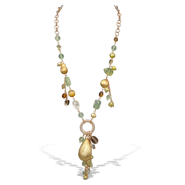 Grounded Gemstone Pearl Lariat Necklace Hover Image