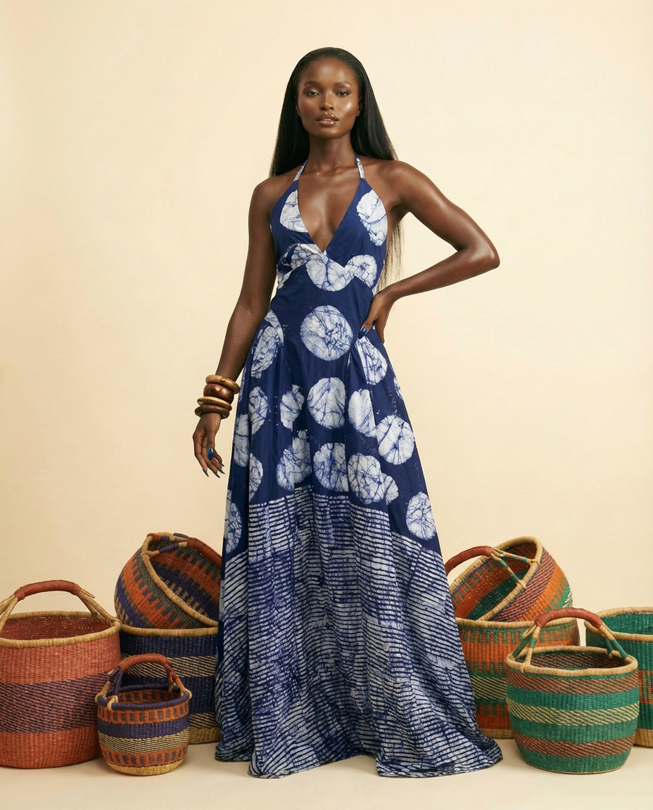 [Pre Order] Akpa Adire Halter Maxi Dress - Flowy & Elegant