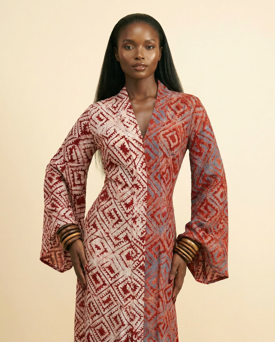Ijenu Two-Tone Adire A-Line Dress with Bell Sleeves