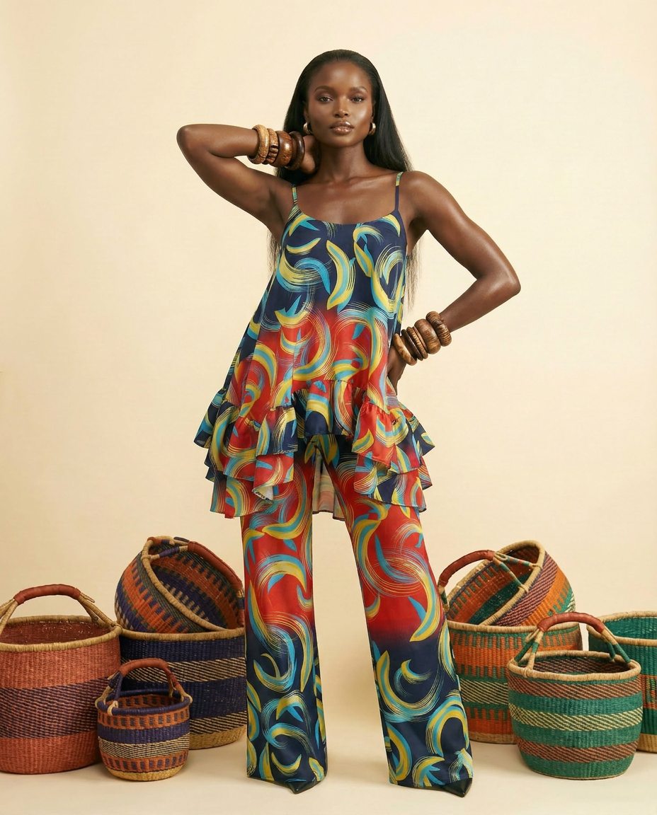 Opi Ankara Faux Silk Tiered Camisole & Wide-Leg Trouser Set