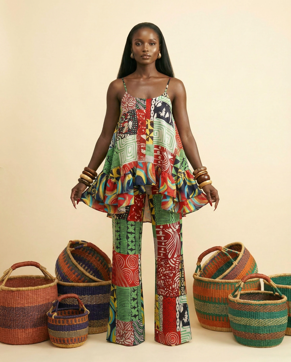 Nyanyi Ankara Faux Silk Tiered Camisole & Wide-Leg Trouser Set