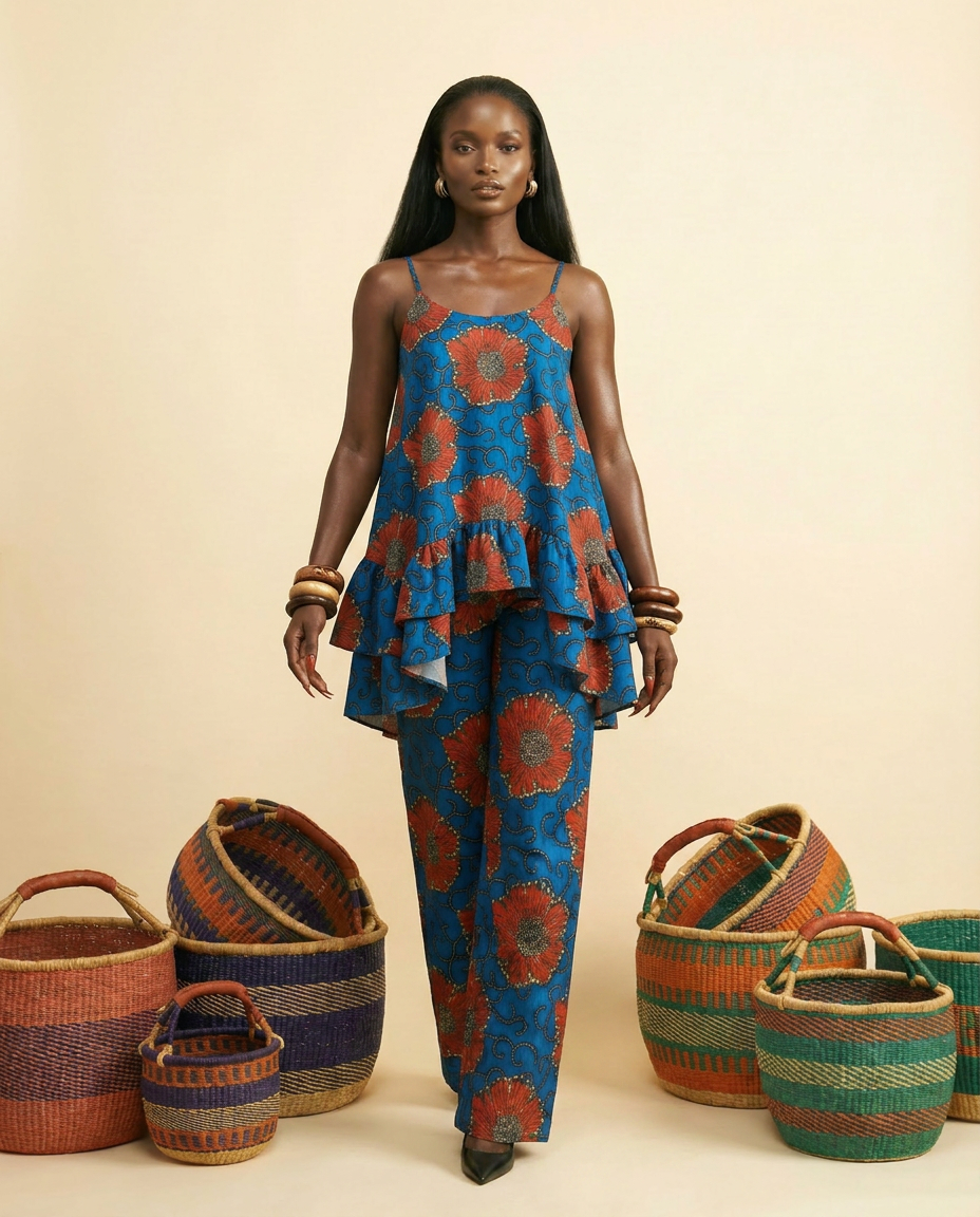 Osundu Ankara Faux Silk Tiered Camisole & Wide-Leg Trouser Set