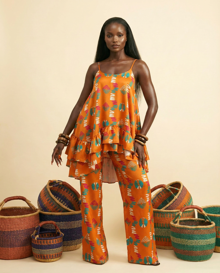 Imenne Ankara Faux Silk Tiered Camisole & Wide-Leg Trouser Set