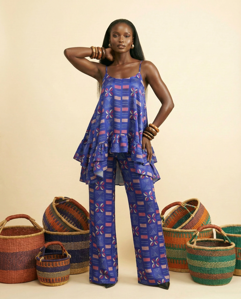 Ikuchi Ankara Faux Silk Tiered Camisole & Wide-Leg Trouser Set