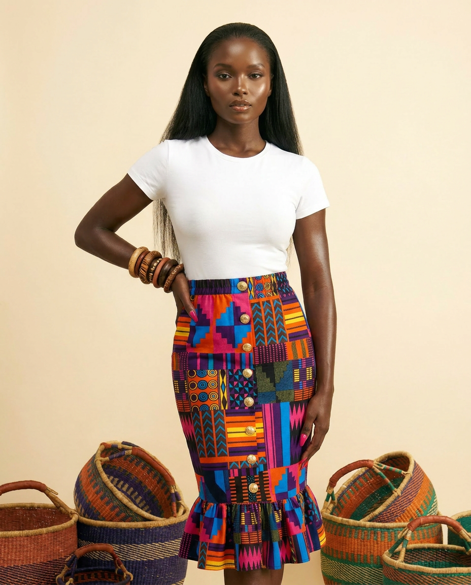 Nta Elastic-Waist Luxe Ankara Cotton Skirt - Effortless Sophistication