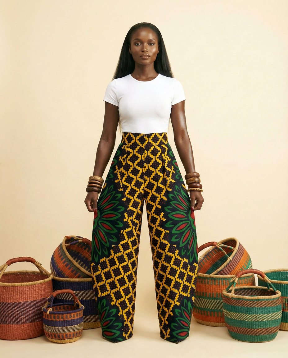 Uwa Ankara Cotton High-Waist Wide-Leg Trousers