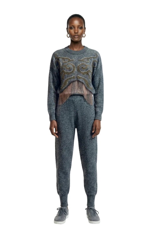 Grey knit set with beaded sweater and tapered pants. Hover Image