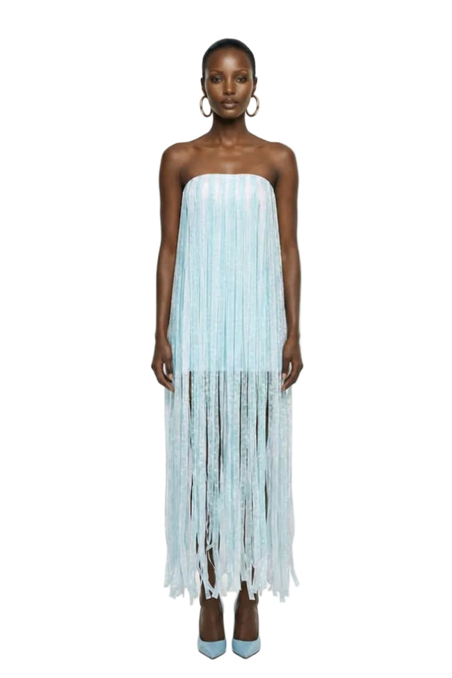 MAXI ALL OVER FRINGED DRESS IN BLUE | Valenciani Hover Image