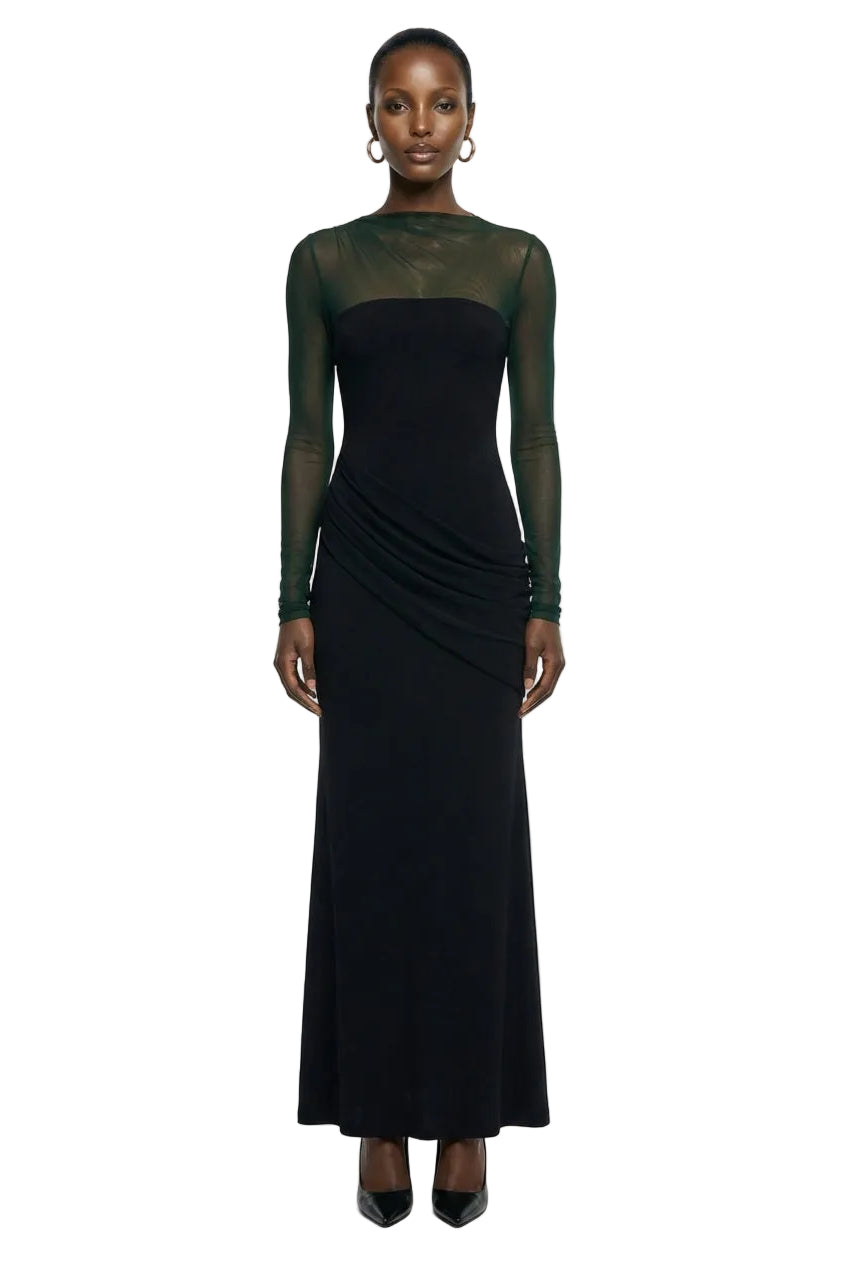 Deema | Black Jersey And Mesh High Neck Maxi Dress