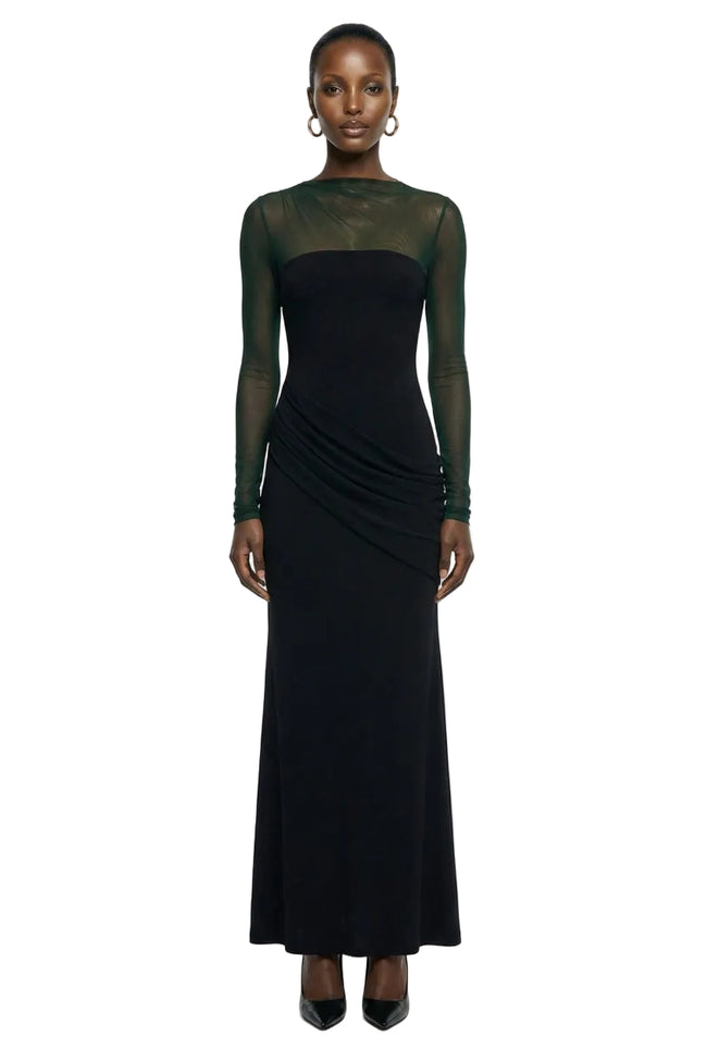 Deema | Black Jersey And Mesh High Neck Maxi Dress Hover Image