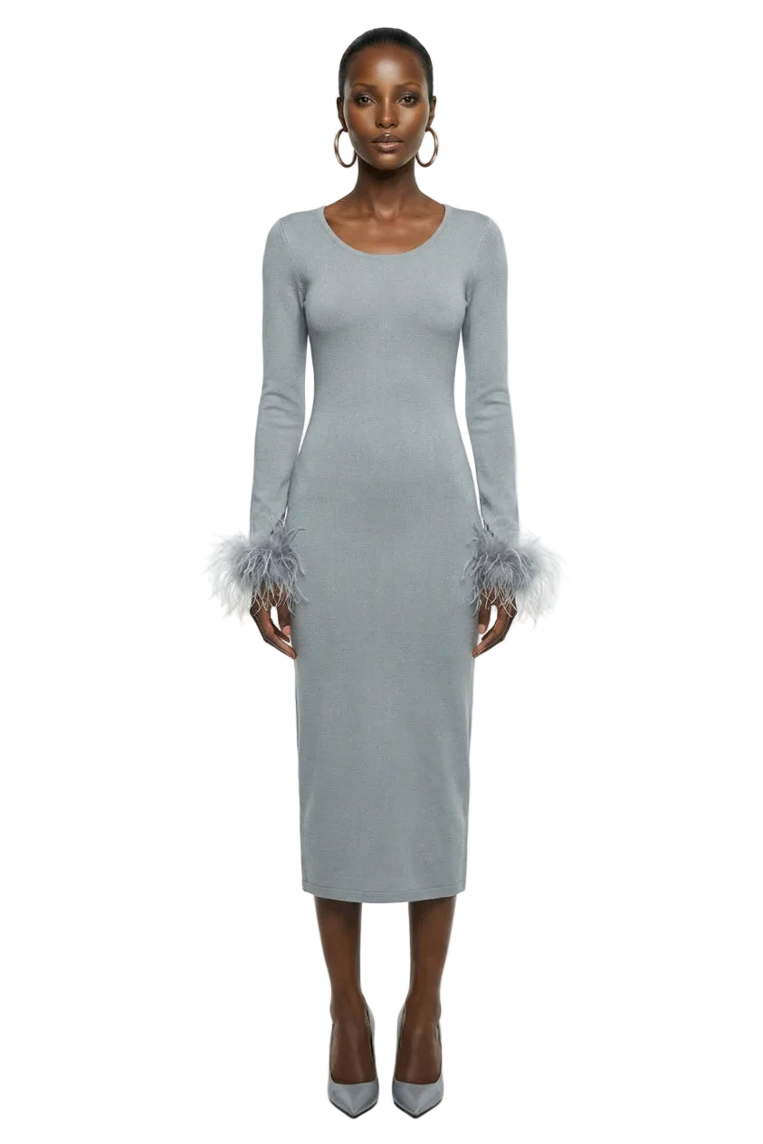GREY CASHMERE KNIT TOP WITH DEATACHABLE FEATHERS CUFFS | Andreeva