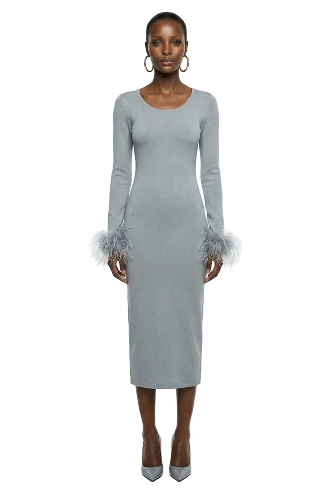 GREY CASHMERE KNIT TOP WITH DEATACHABLE FEATHERS CUFFS | Andreeva Hover Image