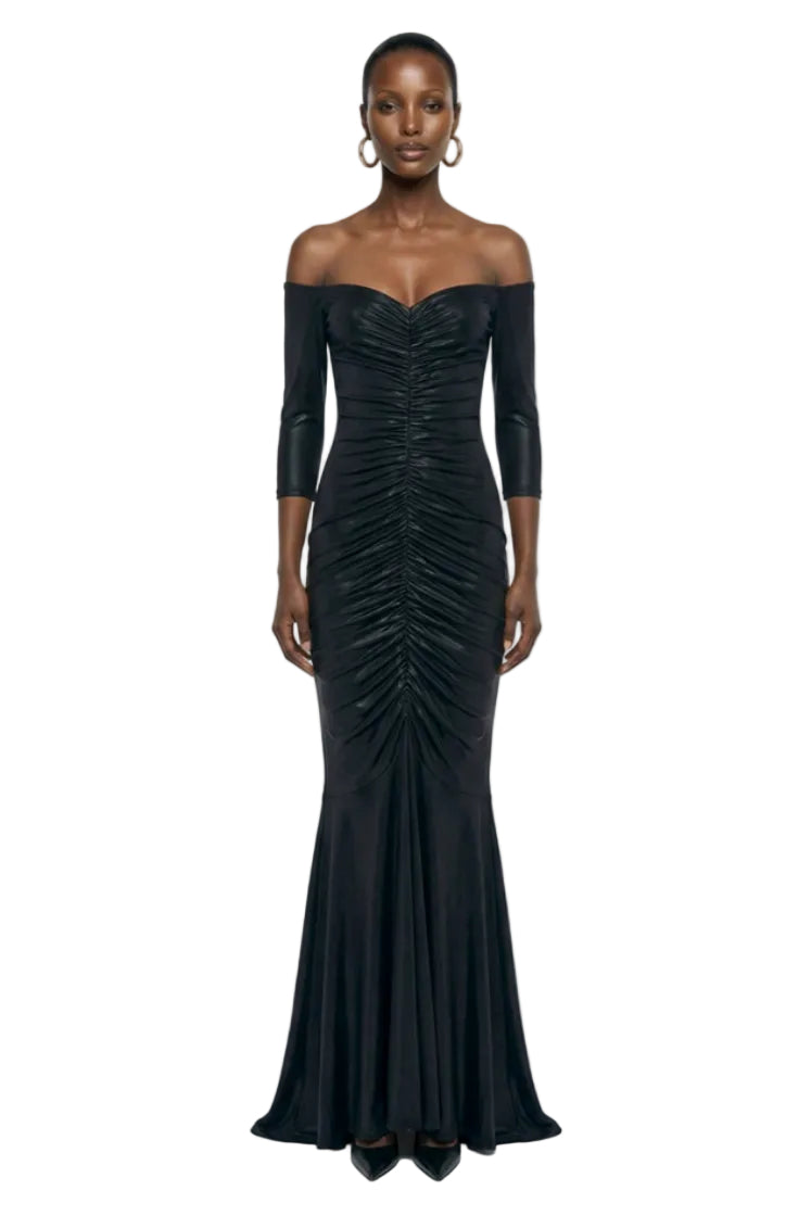 OFF SHOULDER SHIRRED FISHTAIL GOWN