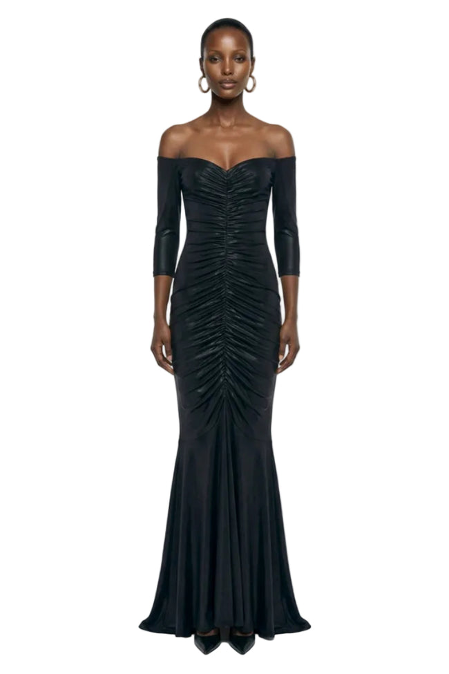 OFF SHOULDER SHIRRED FISHTAIL GOWN Hover Image