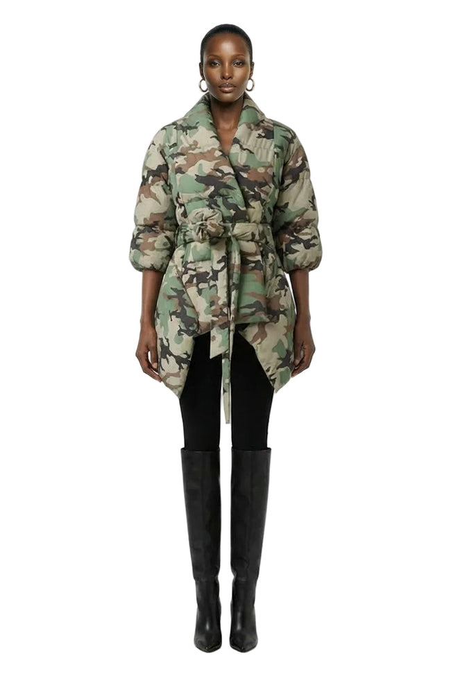 [PRE-ORDER]  Camouflage Belted Puffer Wrap Coat Hover Image