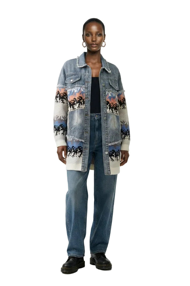 [PRE-ORDER]  The Longline Tribal-Knit Denim Coat Hover Image