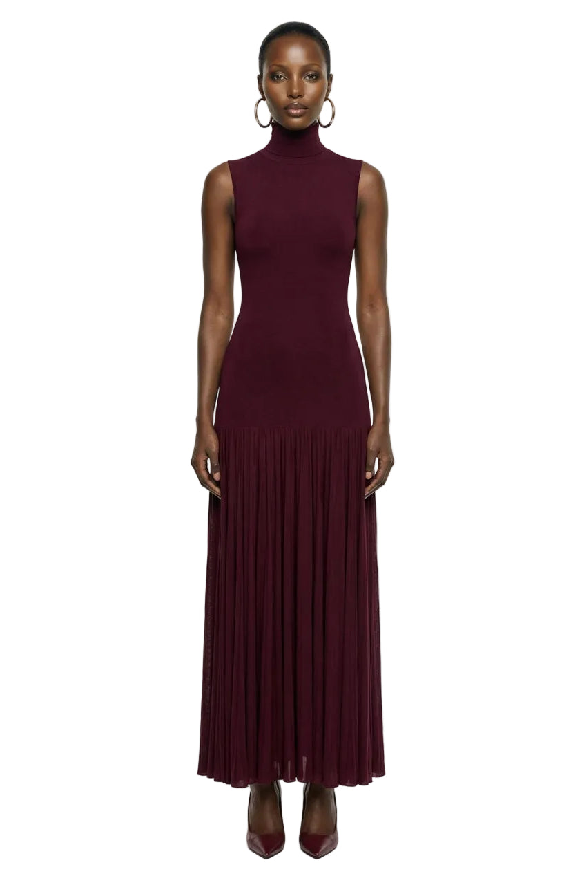 Gigi | Burgundy High-Neck Maxi Dress With Drop-Waist And Sheer Skirt