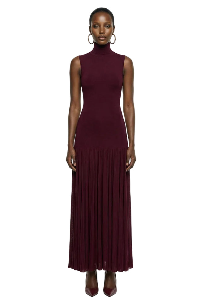 Gigi | Burgundy High-Neck Maxi Dress With Drop-Waist And Sheer Skirt Hover Image