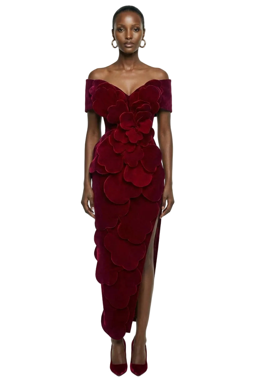 VELVET PETAL STRUCTURED MAXI DRESS IN RED | HAPPY CLOTHING