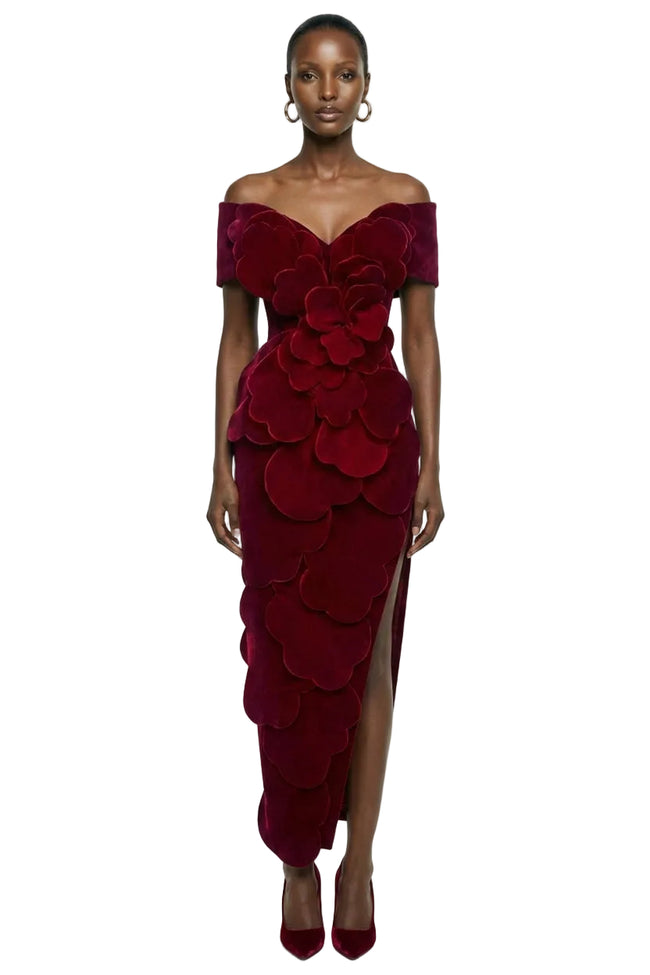 VELVET PETAL STRUCTURED MAXI DRESS IN RED | HAPPY CLOTHING Hover Image