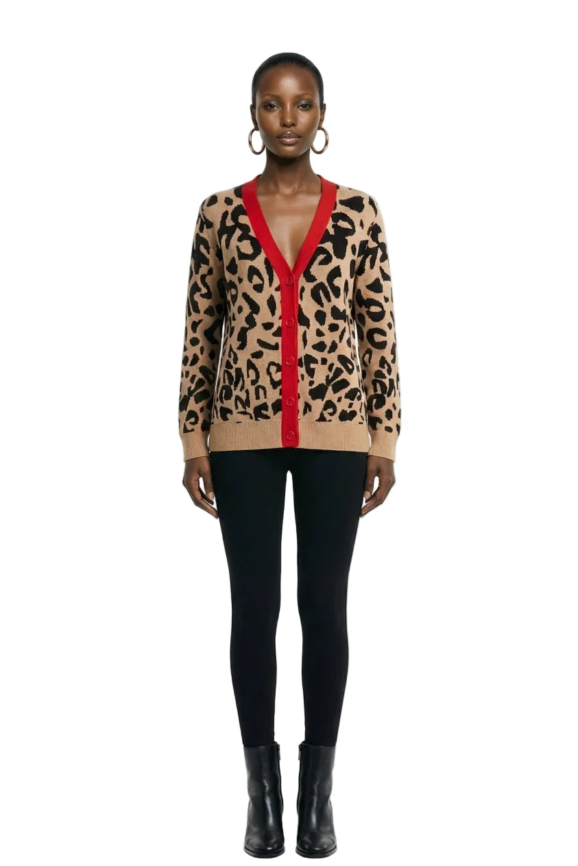 Leopard print cardigan with red trim