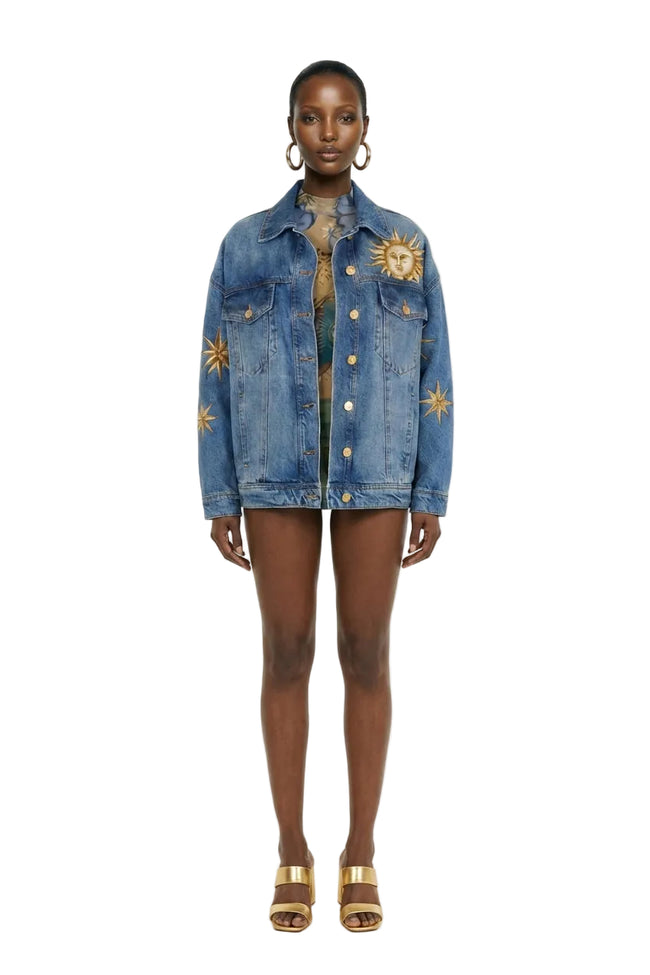 Denim Mystical Sun Printed Jacket Hover Image