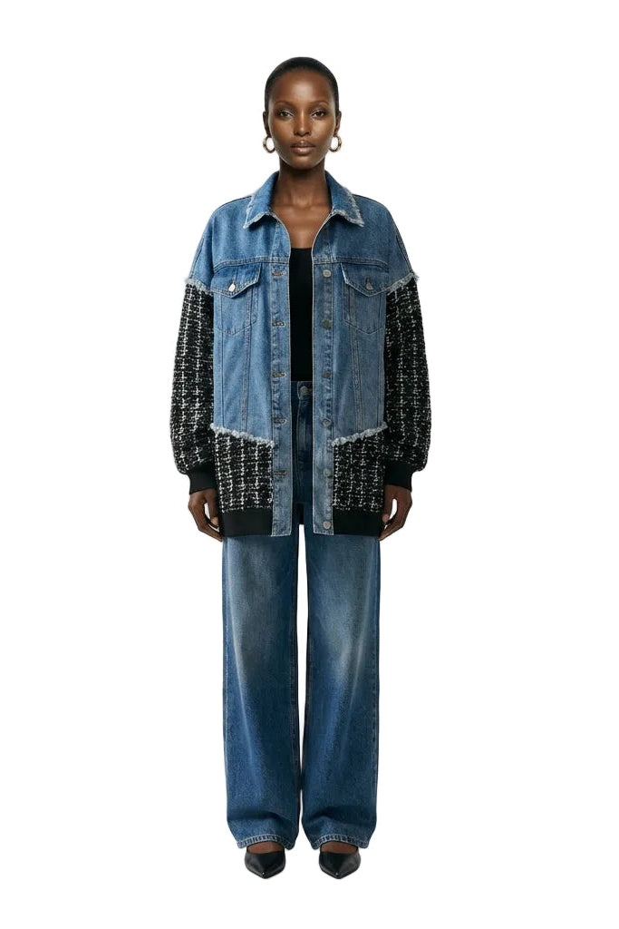 [PRE-ORDER]  The Longline Tweed-Spliced Denim Jacket
