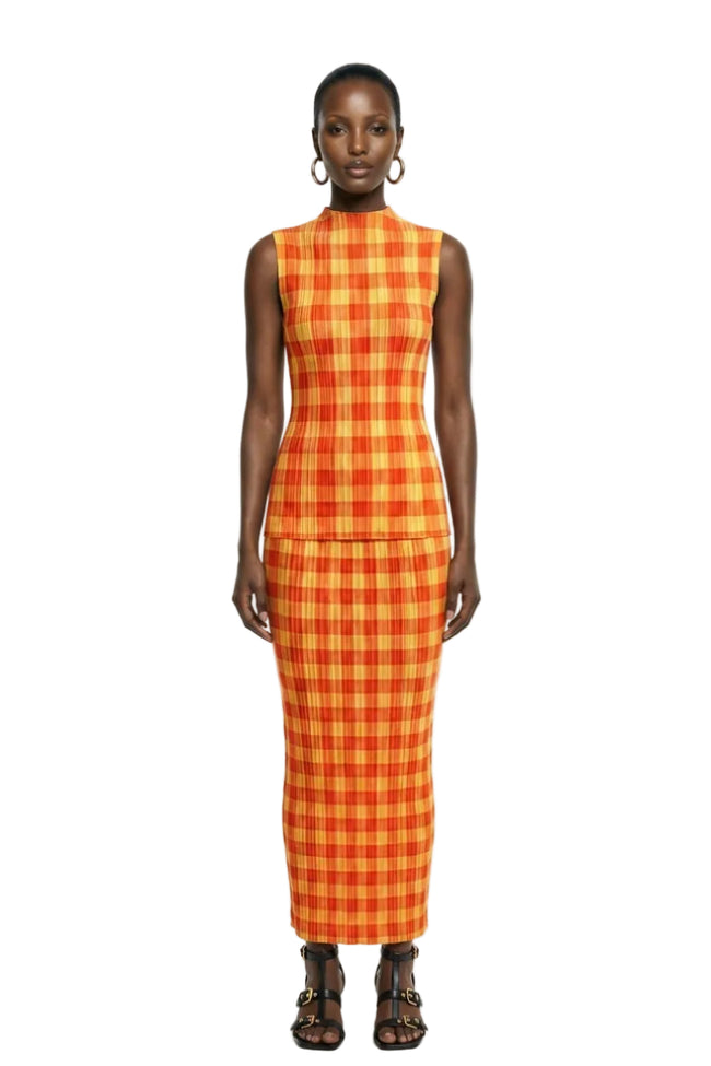 Orange striped pleated top with matching midi skirt textured outfit Hover Image