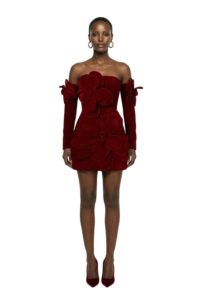 AMORA A-LINE COLD SHOULDER VELVET MINI DRESS | HAPPY CLOTHING Hover Image