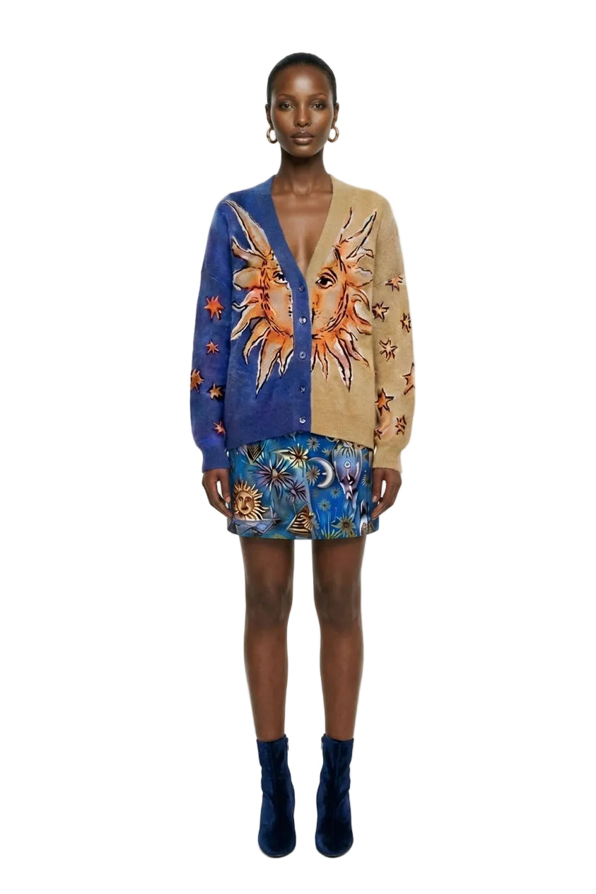 Mixed Mystical Sun Buttoned Knit Cardigan