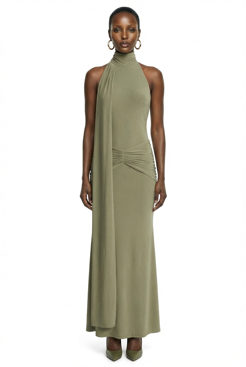 Hyla | Green High-Neck Maxi Dress With Sash-Detail