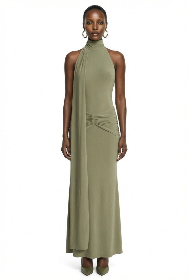 Hyla | Green High-Neck Maxi Dress With Sash-Detail Hover Image