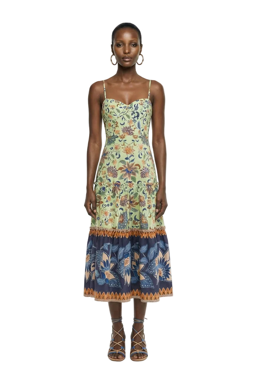 Green Floral Delhi Tapestry Beaded Straps Midi Dress
