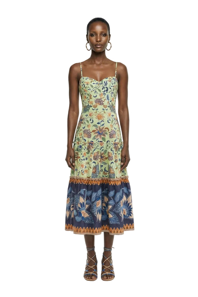 Green Floral Delhi Tapestry Beaded Straps Midi Dress Hover Image
