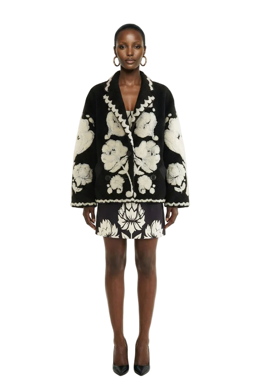 Black & White Floral Arabesque Fleece Coat