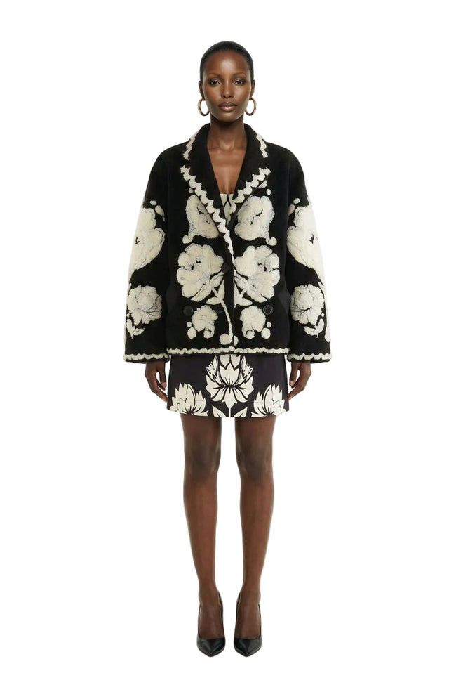 Black & White Floral Arabesque Fleece Coat Hover Image