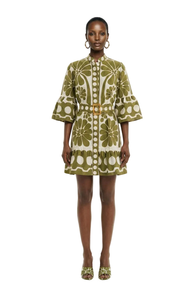 Green Palermo Belted Organic Cotton Mini  Dress Hover Image